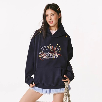 SCPD休闲连帽卫衣潮牌男女外套烟花刺绣宽松藏青色帽衫保暖上衣