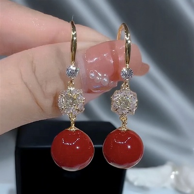 9999纯银针红色珍珠耳环百搭