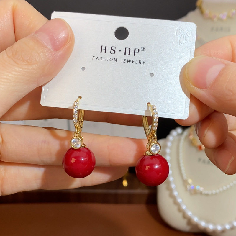 2026新款时尚简约红色珍珠锆石耳扣银耳925纯银针女个性轻奢耳坠,珠宝/钻石/翡翠,耳饰,淘宝优惠券,粉丝福利购,淘宝优惠卷