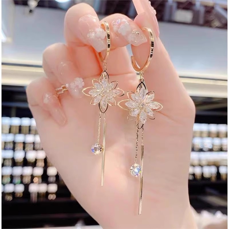 999纯银针气质锆石花朵长款耳环