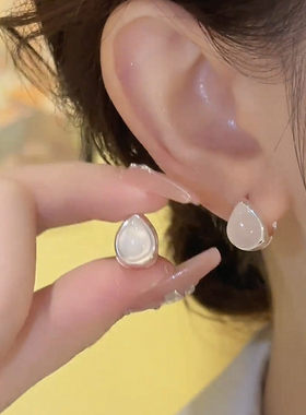 银耳环9999纯银针女冰透猫眼石
