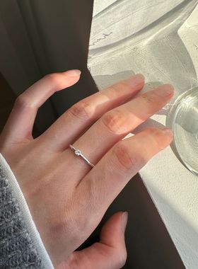 通体s925纯银方形锆石戒指女简约小巧迷你百搭开口学生指环戒子