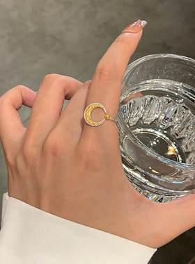 通体925纯银金银拼色月亮戒指女韩版简约时尚个性开口设计食戒