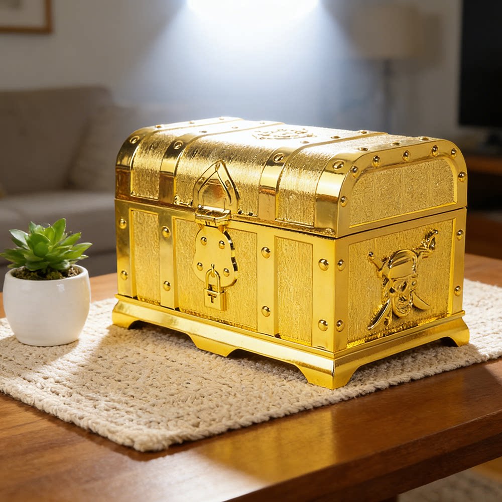 金色海盗宝藏箱翻盖收纳盒桌面储物箱儿童玩具杂物整理盒塑料盒子图片