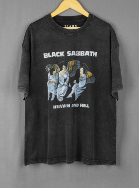 Black Sabbath黑色安息日摇滚乐队复古做旧水洗落肩宽松短袖男T恤