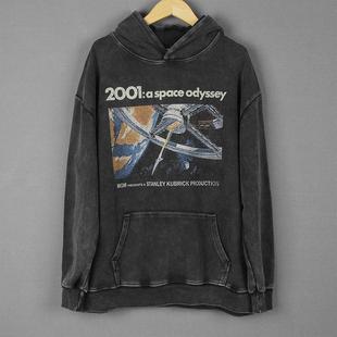 休闲纯棉宽松连帽卫衣帽衫 2001太空漫游水洗做旧复古经典 电影美式