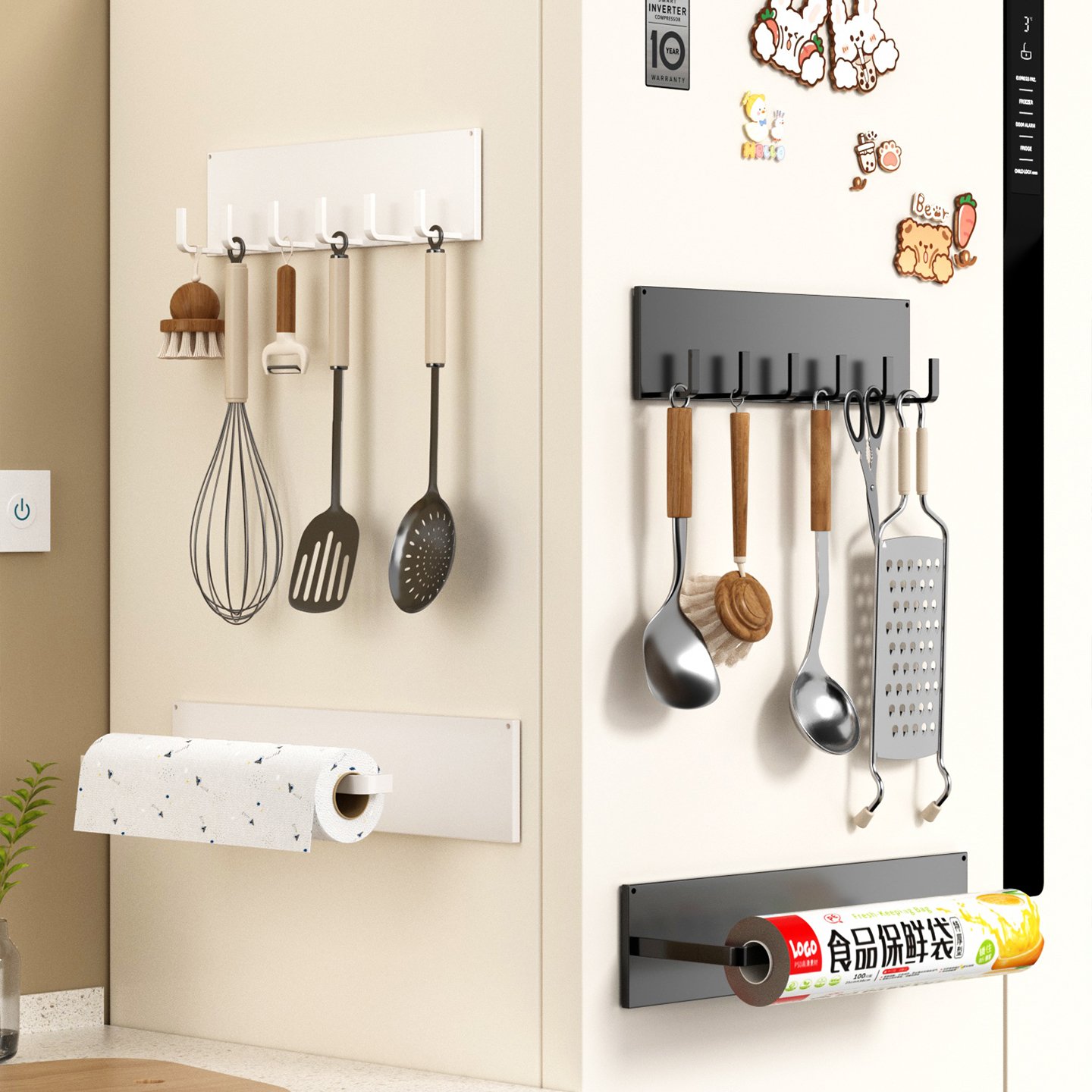 免打孔厨房纸巾架挂卷纸架子保鲜膜置物架磁吸式收纳挂架厨具挂钩