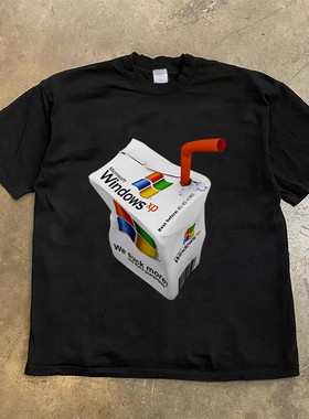 不谈钱只谈元 重磅纯棉 3D牛奶盒ins短袖T恤oversize嘻哈街头半袖