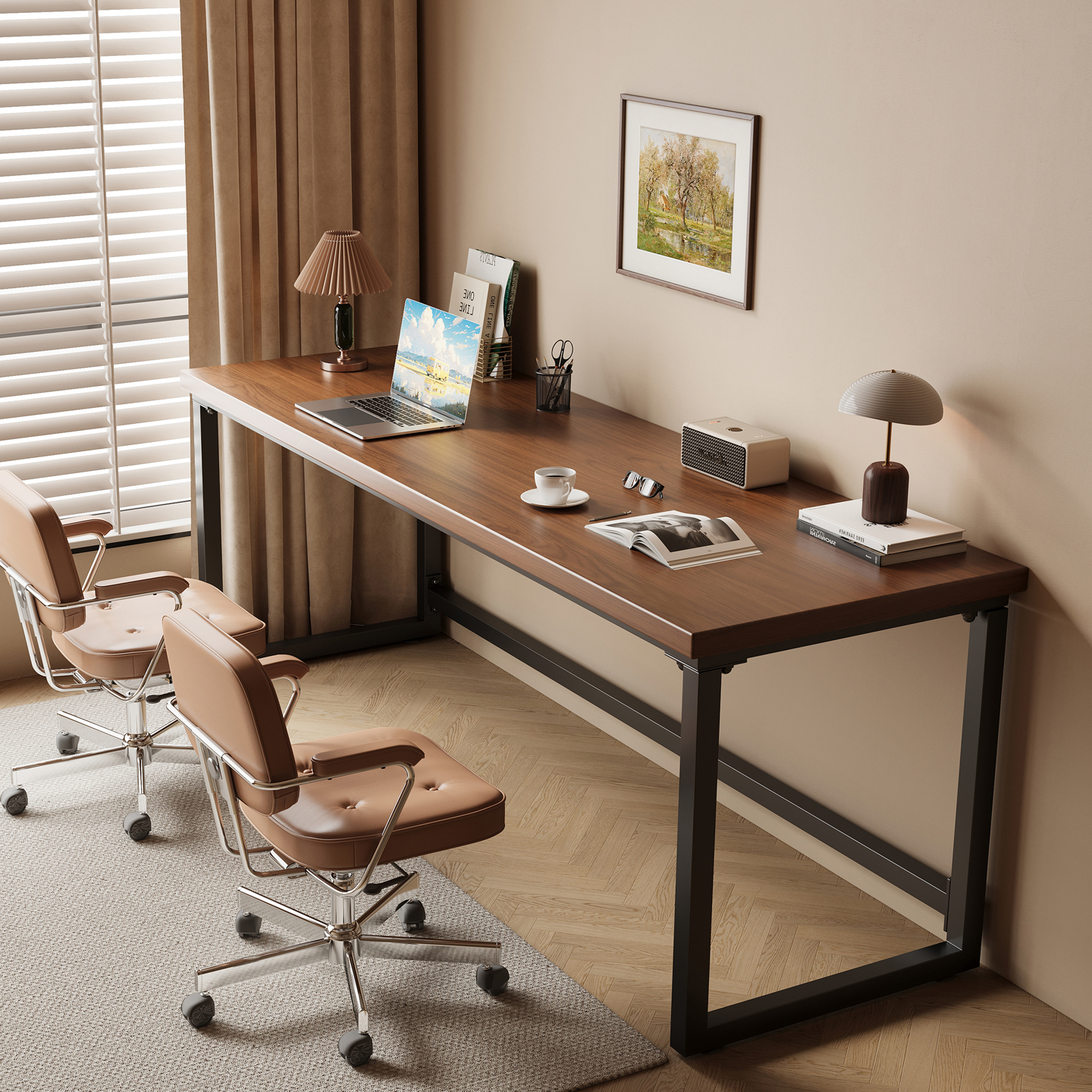 带框加固实木双人书桌家用电脑桌