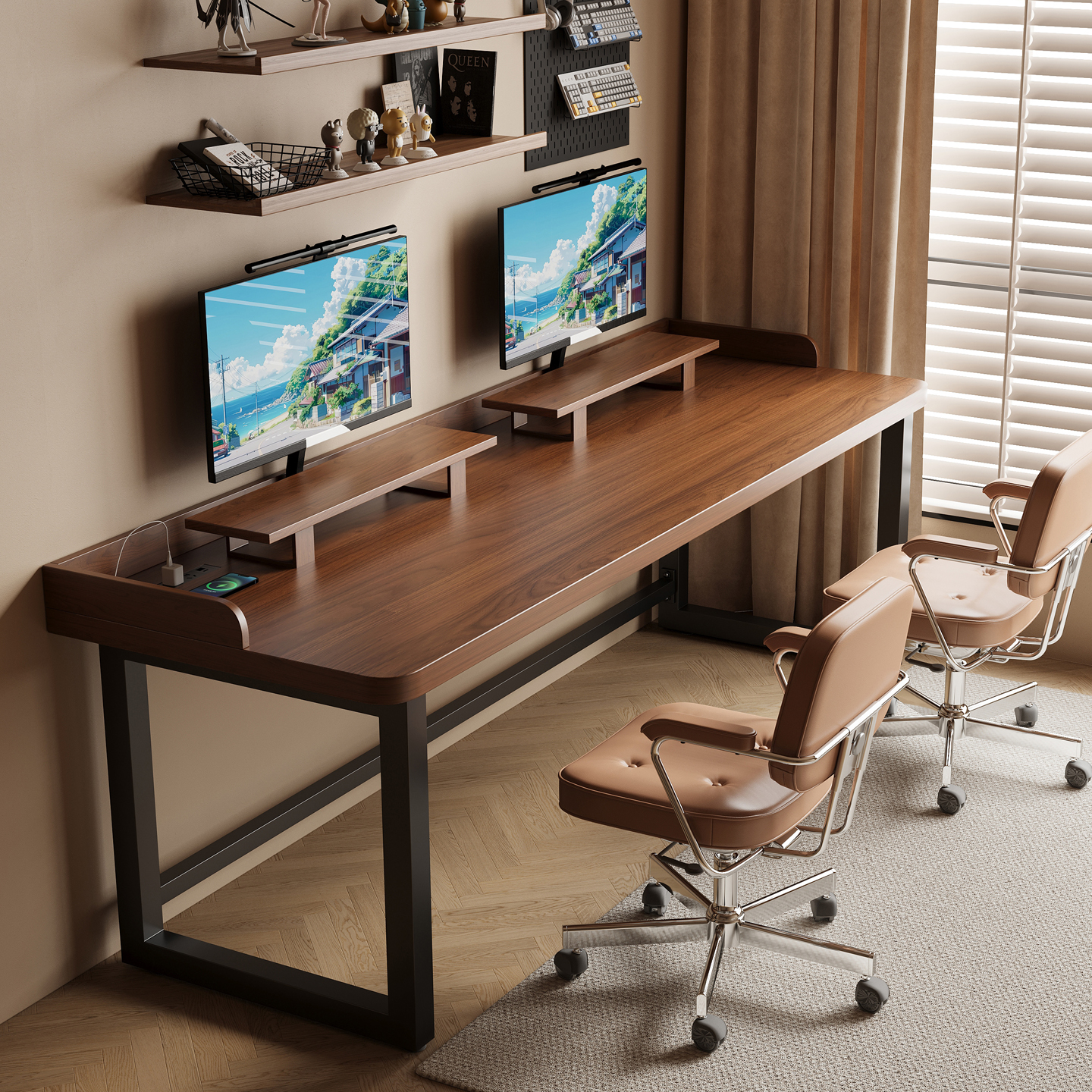 带围挡实木电脑桌家用双人书桌卧室长条桌书房办公桌电竞桌工作台