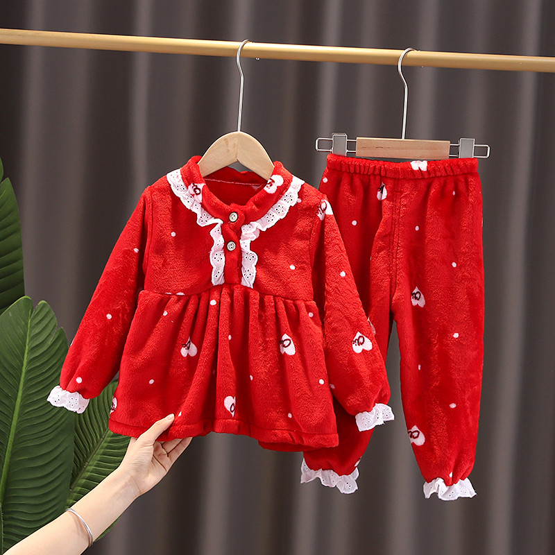 珊瑚绒加厚小女孩保暖内衣家居服