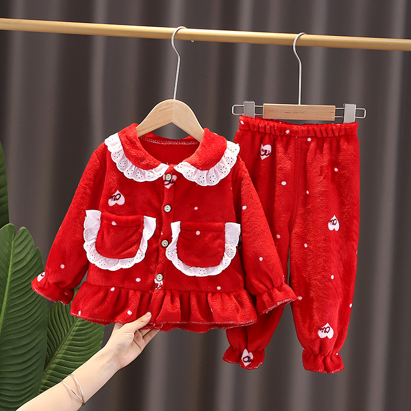 儿童法兰绒睡衣春秋季加厚女童珊瑚绒小童宝宝公主套装女孩家居服