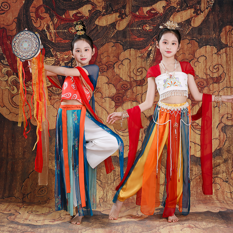 敦煌舞蹈服儿童飞天乐鼓演出服反弹琵琶异域风情千年的祈祷表演服