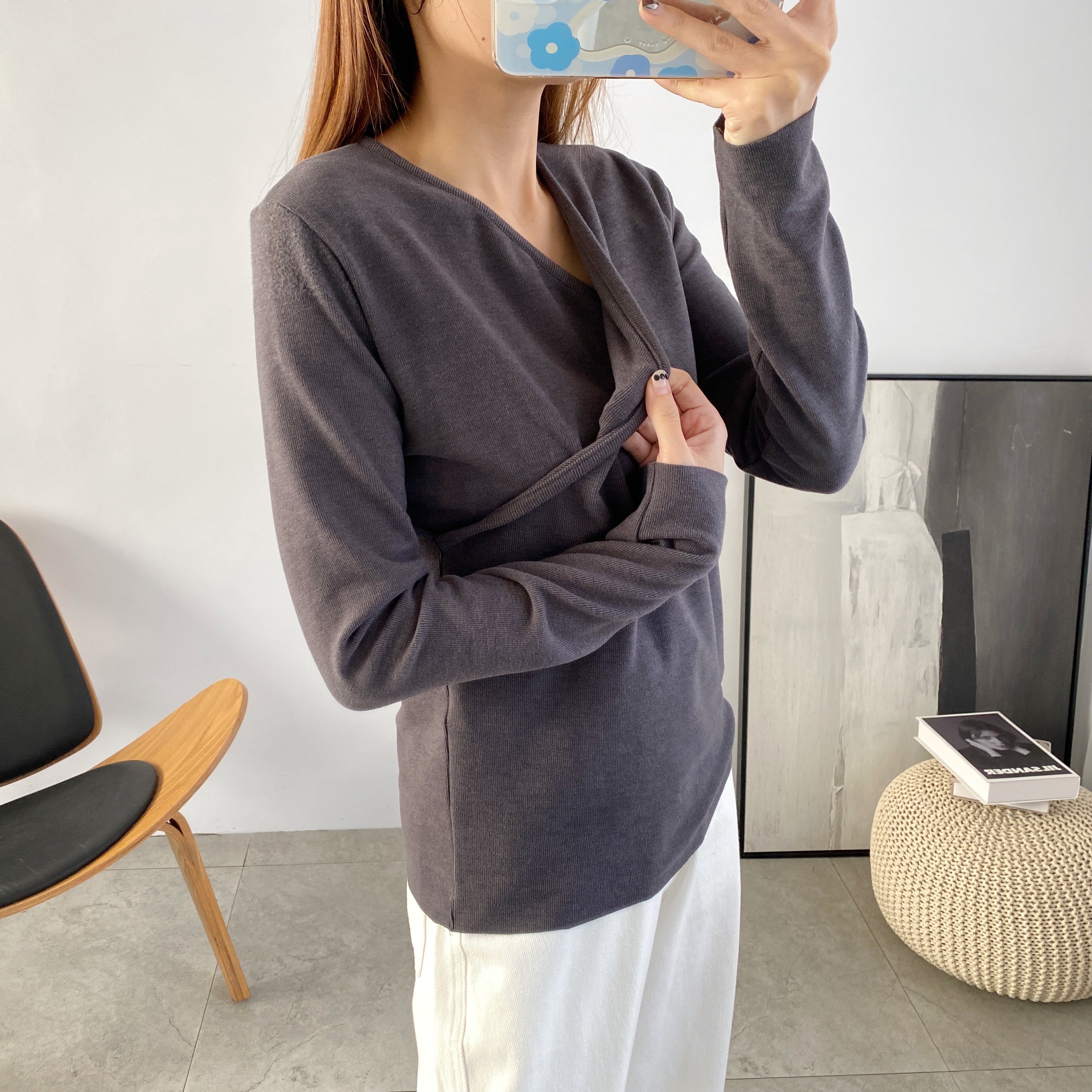 임산부 가을 겨울 두꺼운 독일 벨벳 바닥 셔츠 브이넥 긴팔 수유복 감금복 수유복 가정복 따뜻하게 유지하는 상의