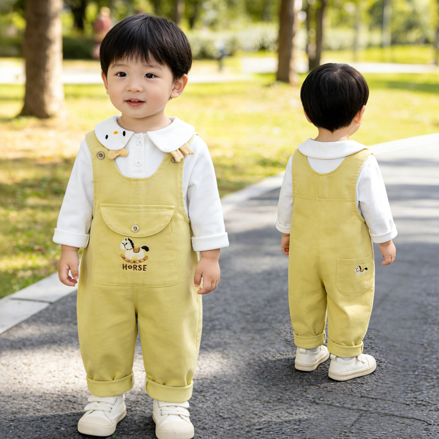 春季新款宝宝纯棉背带裤男童女童可开档婴幼儿1-3岁小童斜纹小马