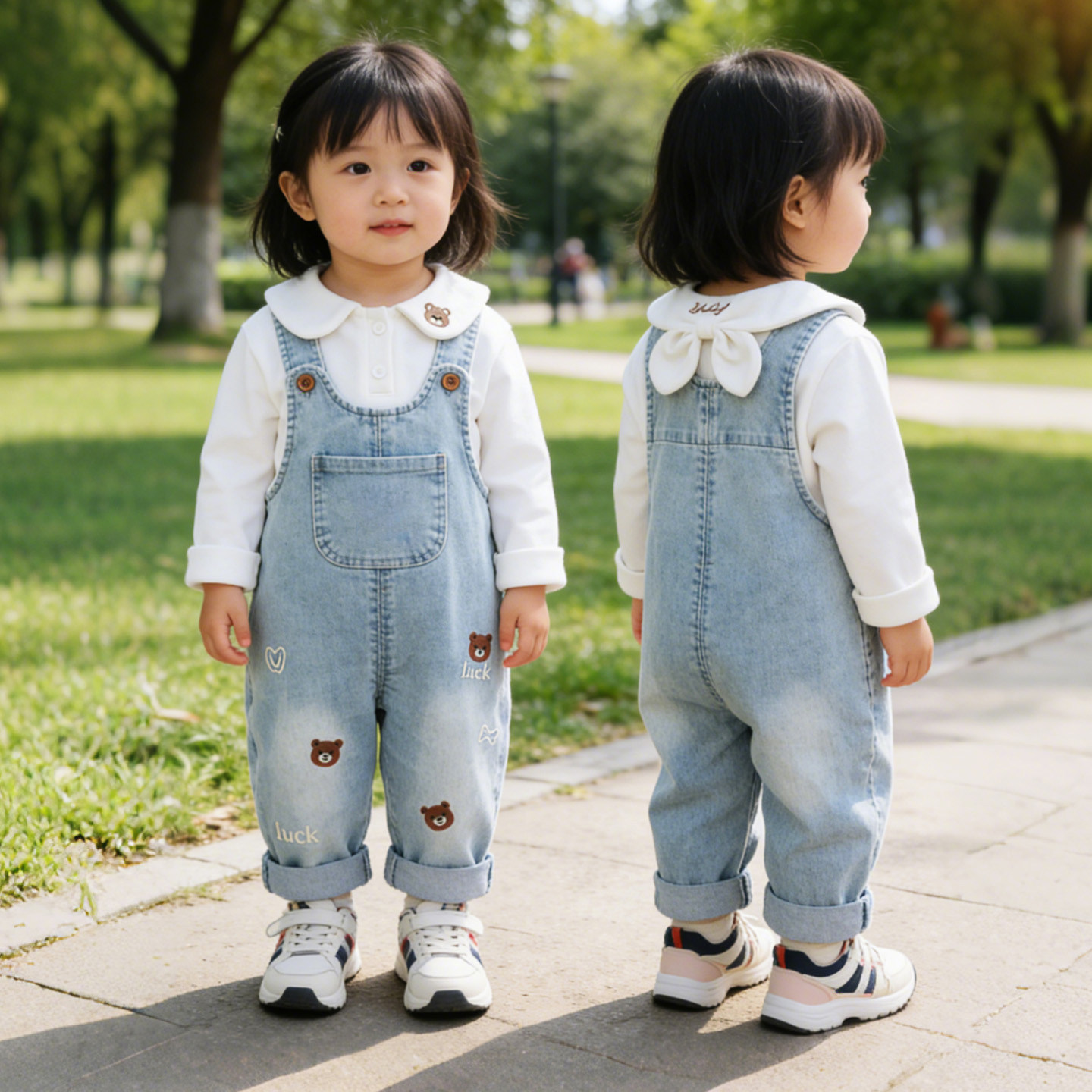 春秋新款婴幼儿裤子宝宝背带裤牛仔可开档儿童长裤a软面料三只熊