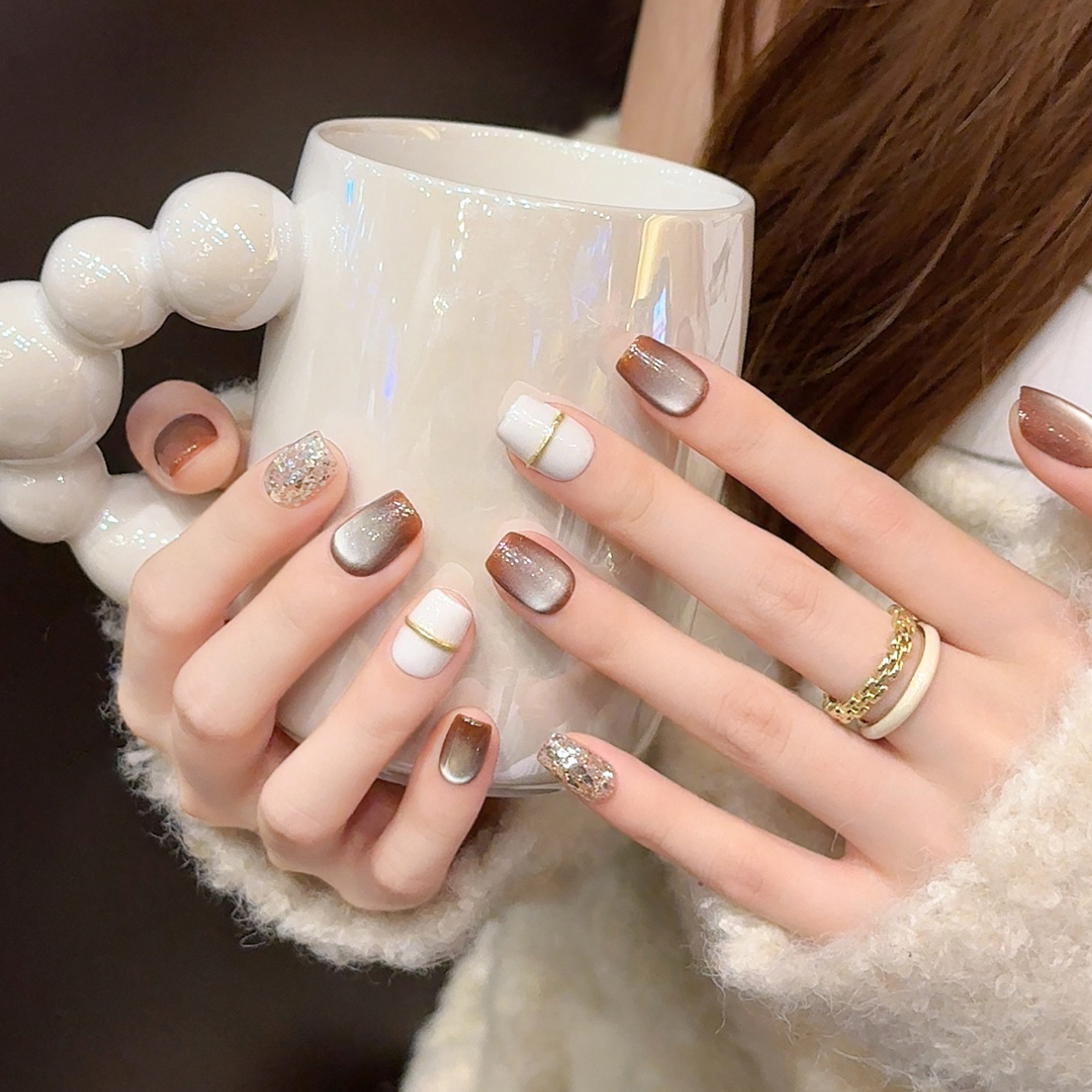 秋冬奶咖猫眼手工美甲穿戴甲短款