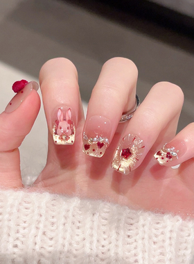 云皙可爱兔子手工穿戴甲秋冬短款猫眼美甲2026新年红色显白指甲片
