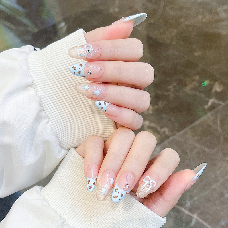 手绘豹纹蝴蝶结法式美甲穿戴可拆