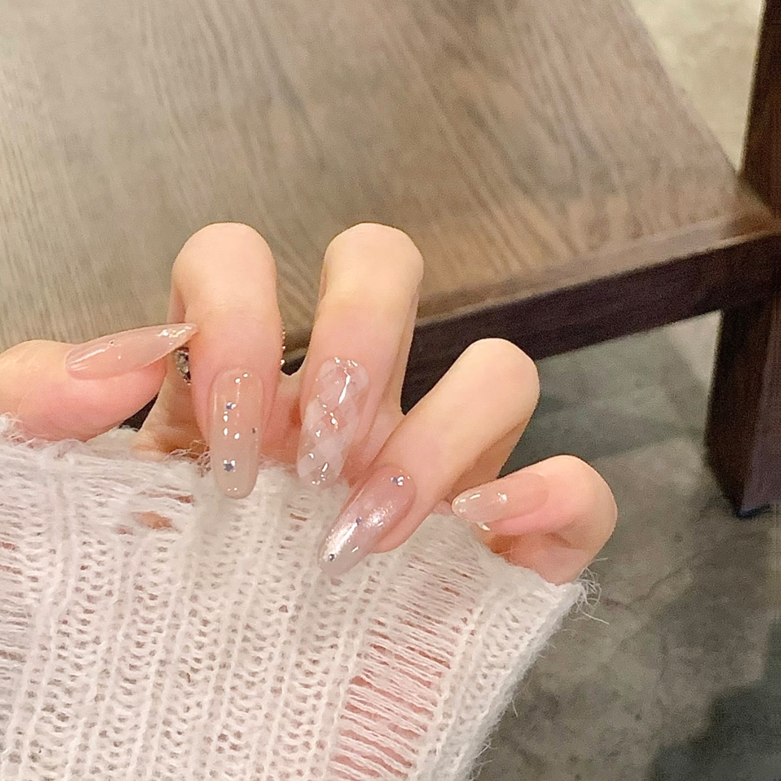 飘带猫眼手工穿戴甲中长款美甲