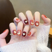 云皙焦糖格纹猫眼手工穿戴甲秋冬显白新款 美拉德美甲指甲贴片短款