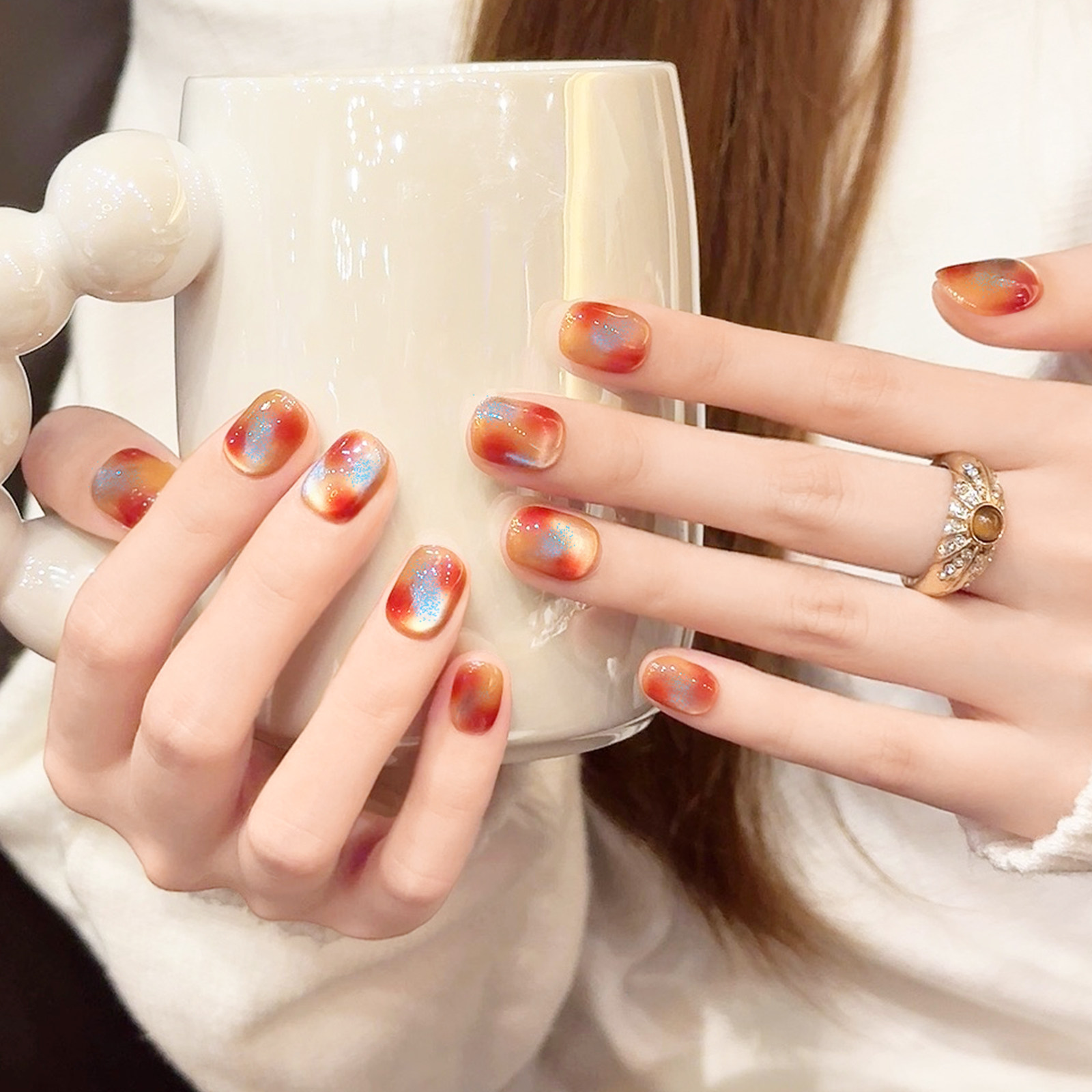 云皙冰蓝琥珀晕染纯手工穿戴甲2026新年猫眼美甲秋冬短款指甲贴片,彩妆/香水/美妆工具,穿戴甲/甲片,淘宝优惠券,粉丝福利购,淘宝优惠卷