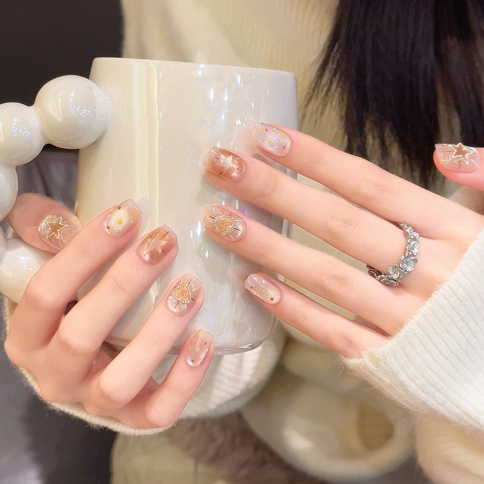 云皙星芒爱心波点手工穿戴甲2026年新款裸色猫眼美甲贴片短款指甲,彩妆/香水/美妆工具,穿戴甲/甲片,淘宝优惠券,粉丝福利购,淘宝优惠卷