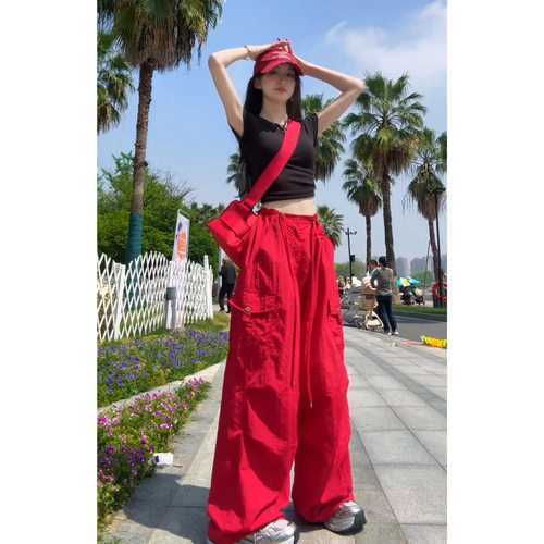 松弛感裤子工装裤女夏天宽松休闲裤可束脚户外速干裤红色阔腿裤女