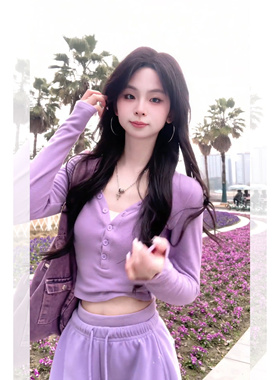 紫色超火减龄上衣女春季2026新款正肩V领长袖t恤紧身显瘦打底衫女