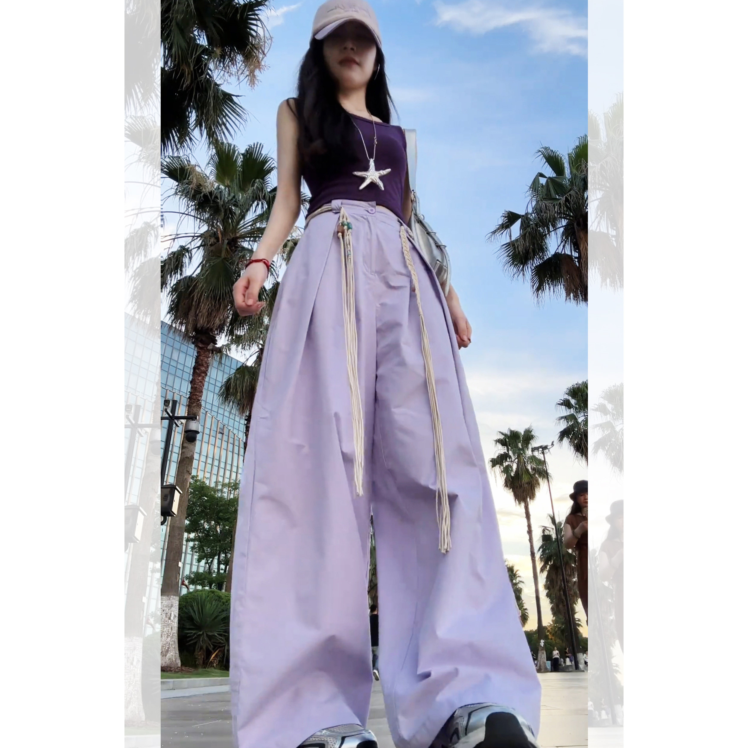 高级感紫色工装裤女春2026新款纯棉休闲阔腿裤垂感bf慵懒风带腰带