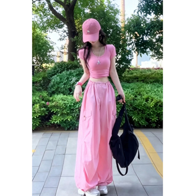 甜酷风芭乐粉工装裤女高腰垂感多口袋设计夏季薄款阔腿休闲长裤子
