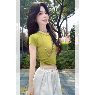 夏天抹茶绿卷边圆领T恤女上衣修身显瘦辣妹小众设计感2026新款夏
