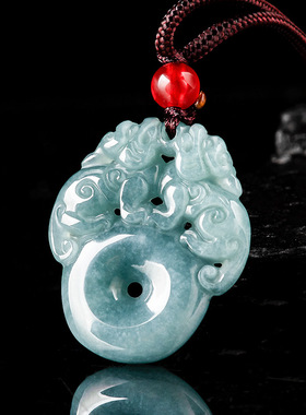 天然A货翡翠蓝水双貔貅平安扣