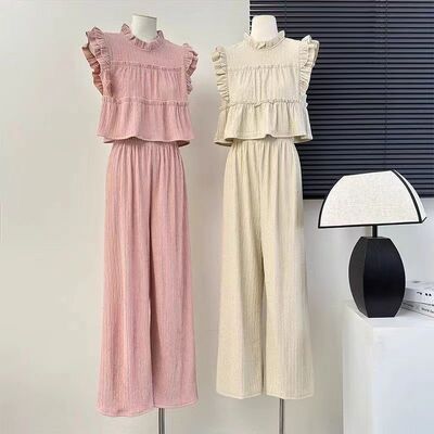 时尚套装气质拼接木耳小飞袖上衣女夏季高腰垂感直筒阔腿裤两件套