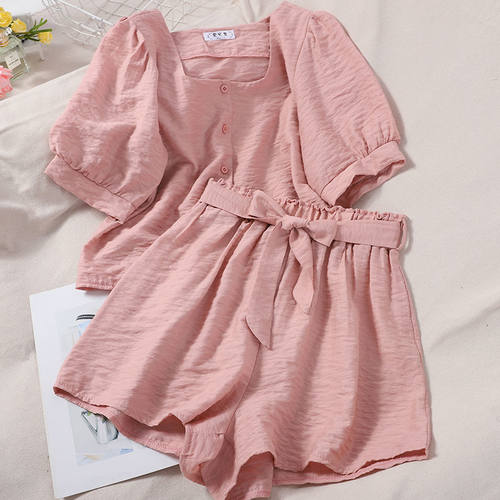 套装女夏季新款方领泡泡袖短袖上衣松紧高腰阔腿短裤小个子两件套