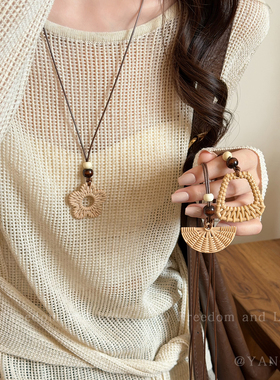 松弛夏日~波西米亚民族风编织花朵吊坠项链女复古度假风长款配饰