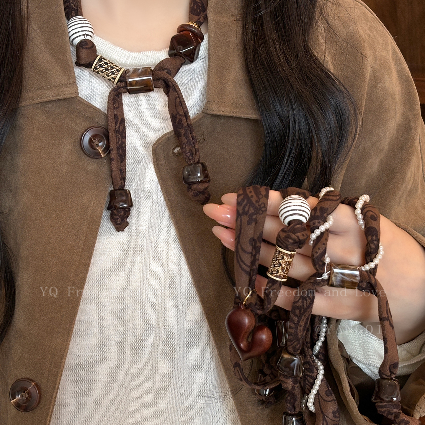 秋冬复古丝绒腰果花丝巾项链