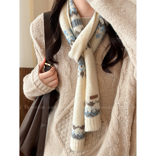 韩系费尔岛提花长条小围巾女款 冬高级感保暖加厚情侣围脖 2025新款