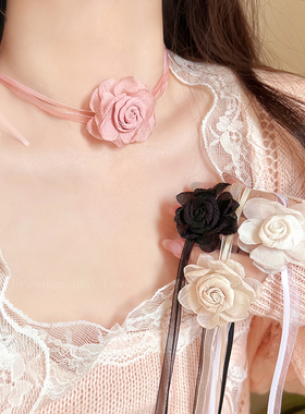 山茶花蝴蝶结系带颈链颈花项链女