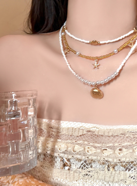 波西米亚风海星贝壳米珠三件套项链女度假风叠戴锁骨链氛围感配饰