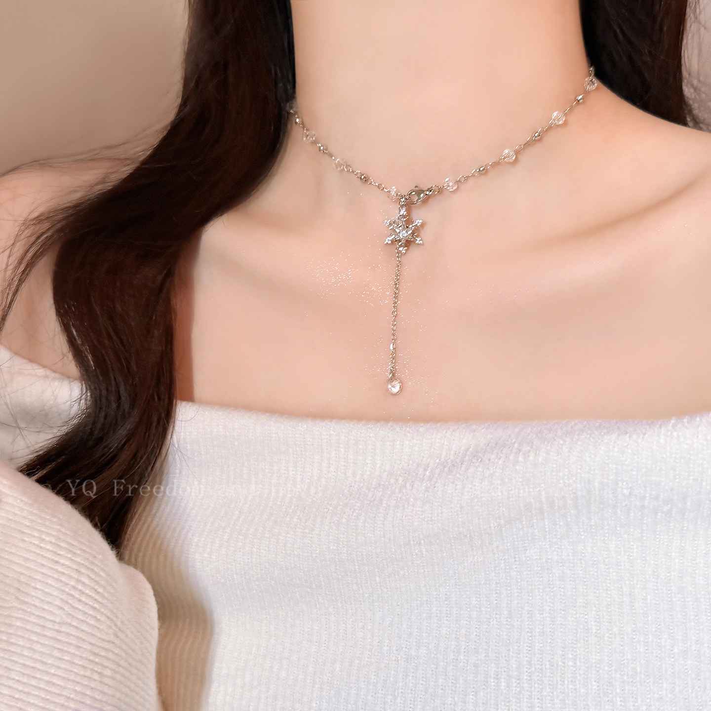 初雪日记~超仙雪花锆石流苏项链女秋冬高级感精致毛衣链小众配饰