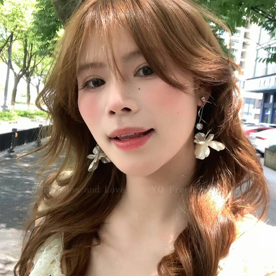 法式花朵长款流苏耳环耳夹女海边度假风高级感气质耳钉无耳洞耳饰