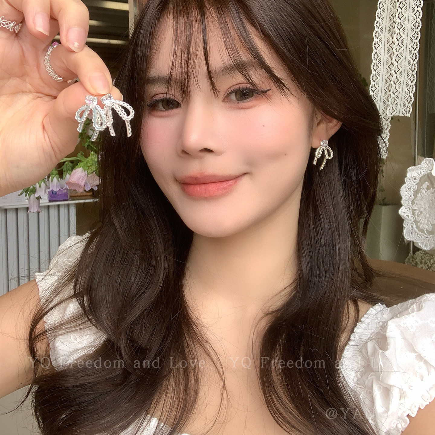 miu感少女！蕾丝蝴蝶结锆石耳钉女夏轻奢高级感精致耳环气质耳饰