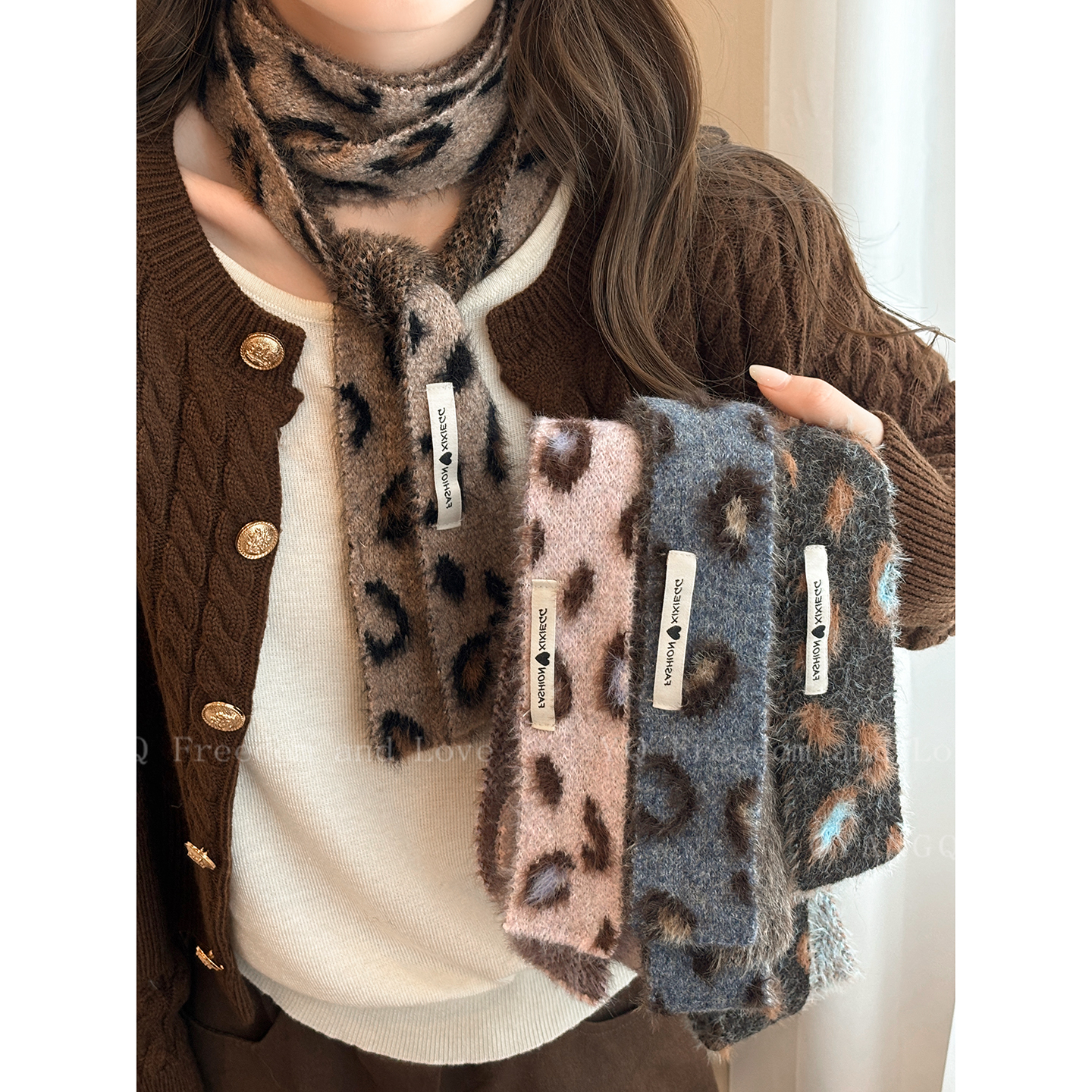 毛绒绒豹纹毛线针织细窄围巾