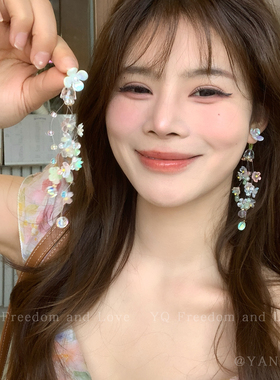 淡人神颜！渐变绿色花朵流苏耳钉女甜美小清新耳环巨好看海边耳饰