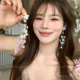 渐变绿色花朵流苏耳钉女甜美小清新耳环巨好看海边耳饰 淡人神颜