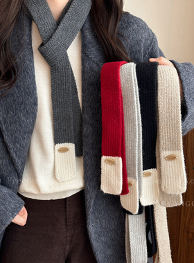 韩女搭配！韩系毛线针织红色细窄小围巾女生护颈围脖长条领带配饰