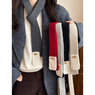 韩女搭配!韩系毛线针织红色细窄小围巾女生护颈围脖长条领带配饰