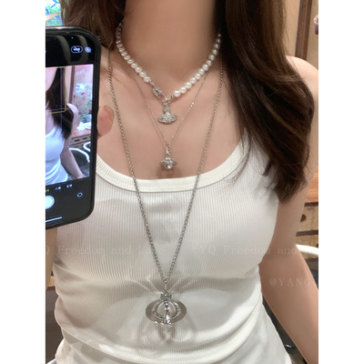 韩系立体土星项链女轻奢小众高级长款叠戴毛衣链大号星球吊坠配饰