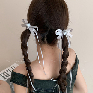 芭蕾风银色蝴蝶结飘带发夹女双马尾丝带绑发编发头饰高级发卡配饰